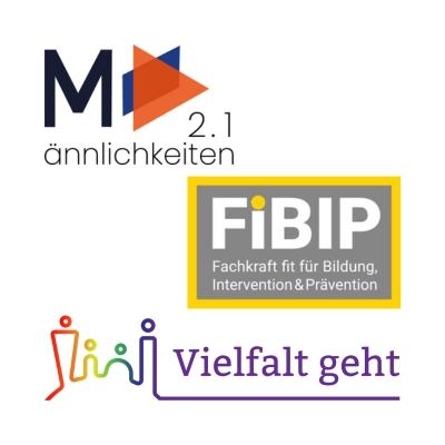 Projekte-Quadrat Bild auf dem drei Logos abgebildet sind: "Männlichkeiten 2.1", "FiBIP" und "Vielfalt geht"