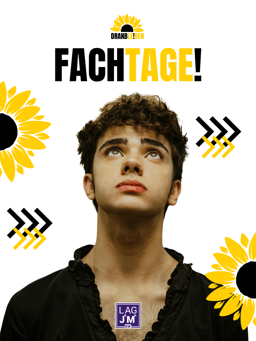 Ein junge schaut mit geöffneten Augen nach oben, man sieht ihn ab den Schultern aufwärts. Über ihm steht "Fachtage"