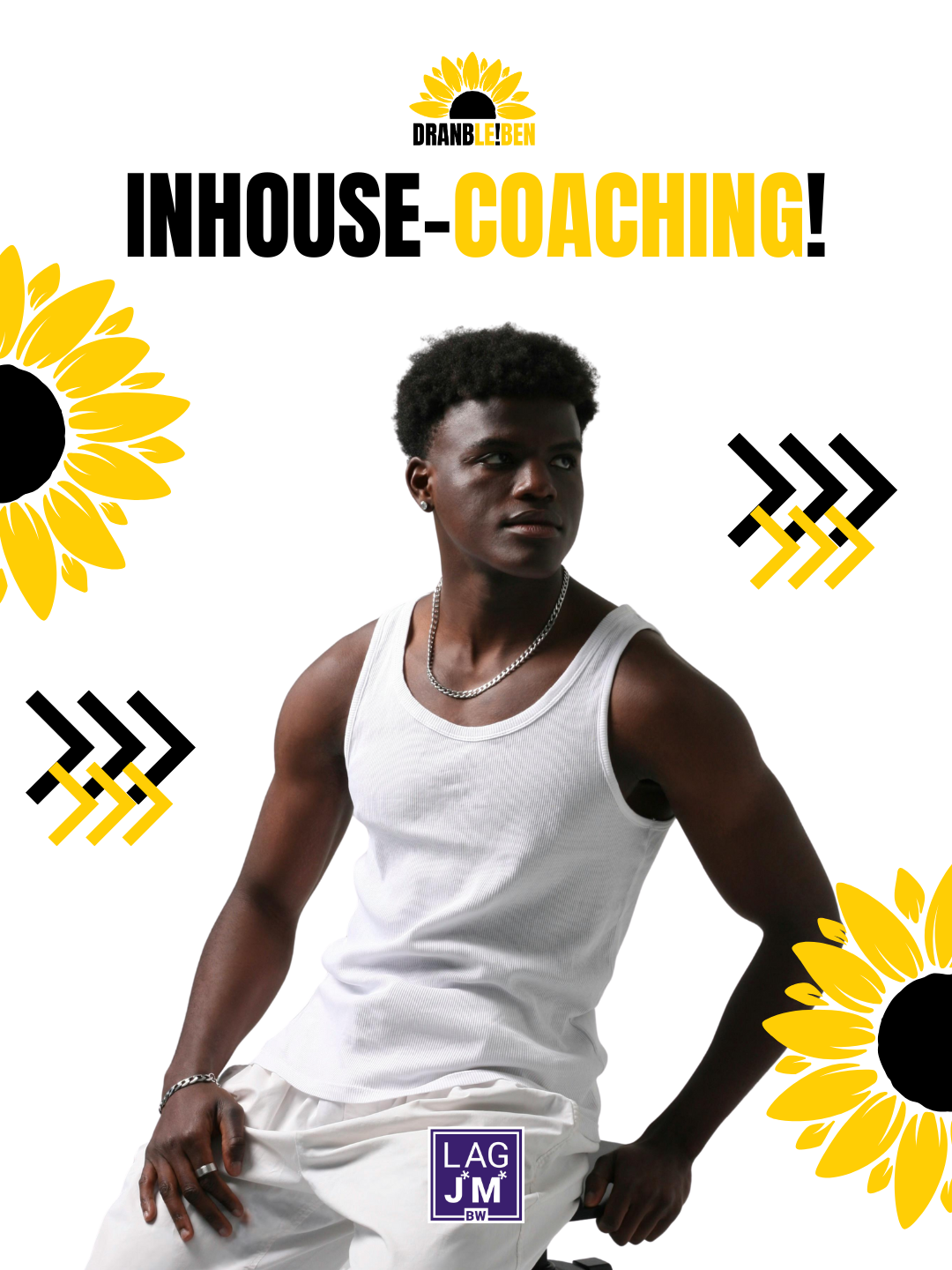 Ein junge posiert und schaut nach links - über ihm steht Inhose-Coaching