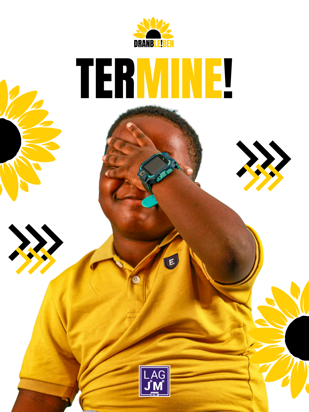 junge hält sich die Hand ins Gesicht. weißer Hintergrund, über ihm steht "Termine"